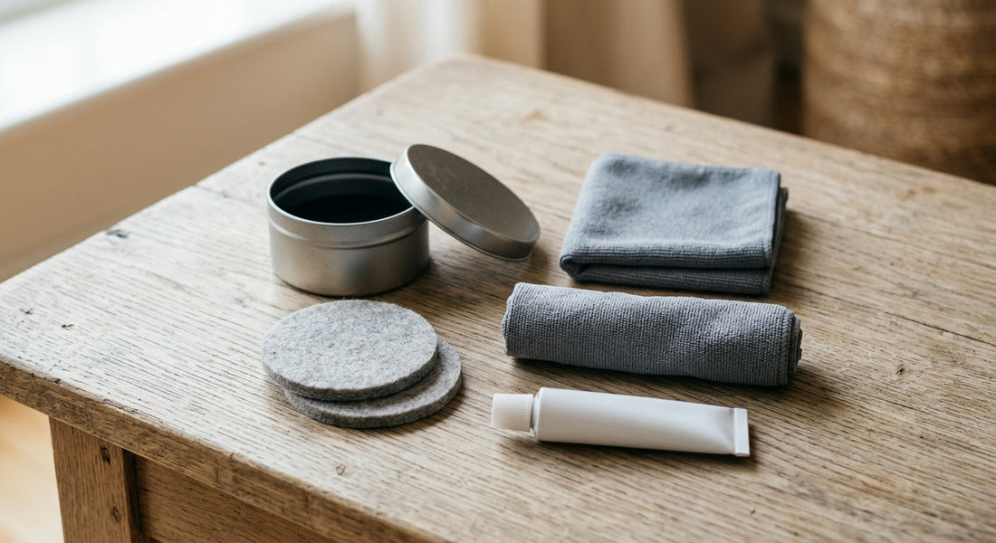 Care kit for stainless steel boat letters on a wooden table: polish tin, felt applicator pads, microfibre cloths and polish tube