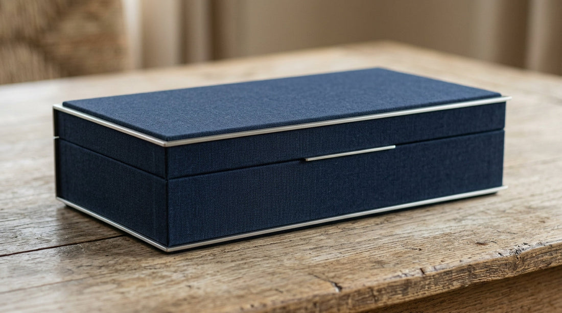 Navy cloth-bound presentation gift box with brushed steel trim on a wooden table
