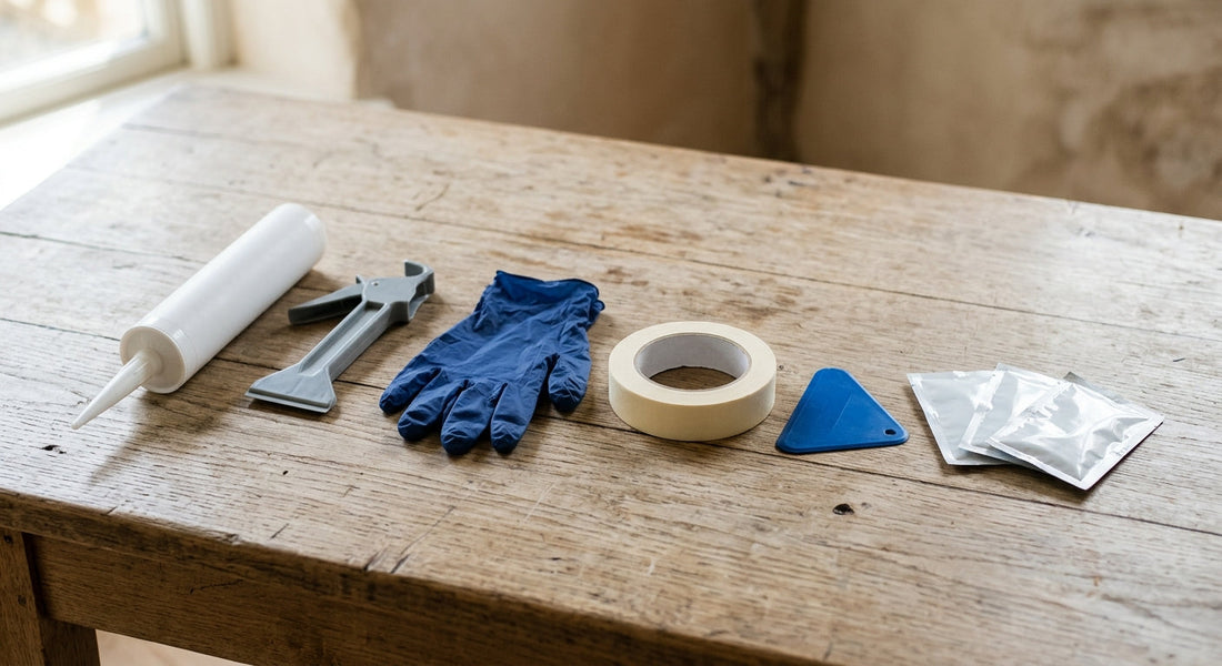 Installation kit for boat lettering on a wooden table: marine sealant cartridge, spreader, nitrile glove, masking tape and surface wipes